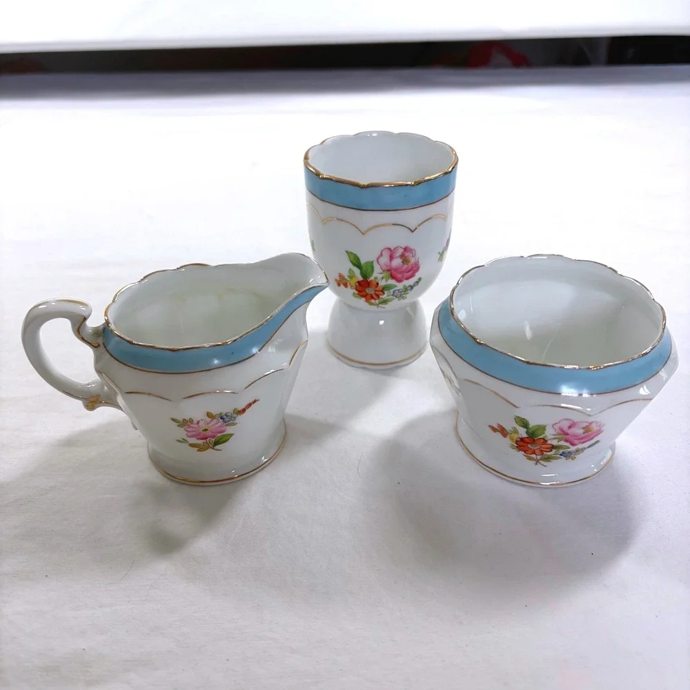 Vintage Noritake China Hand Painted Floral Creamer Sugar Egg Cup Set Blue Gold